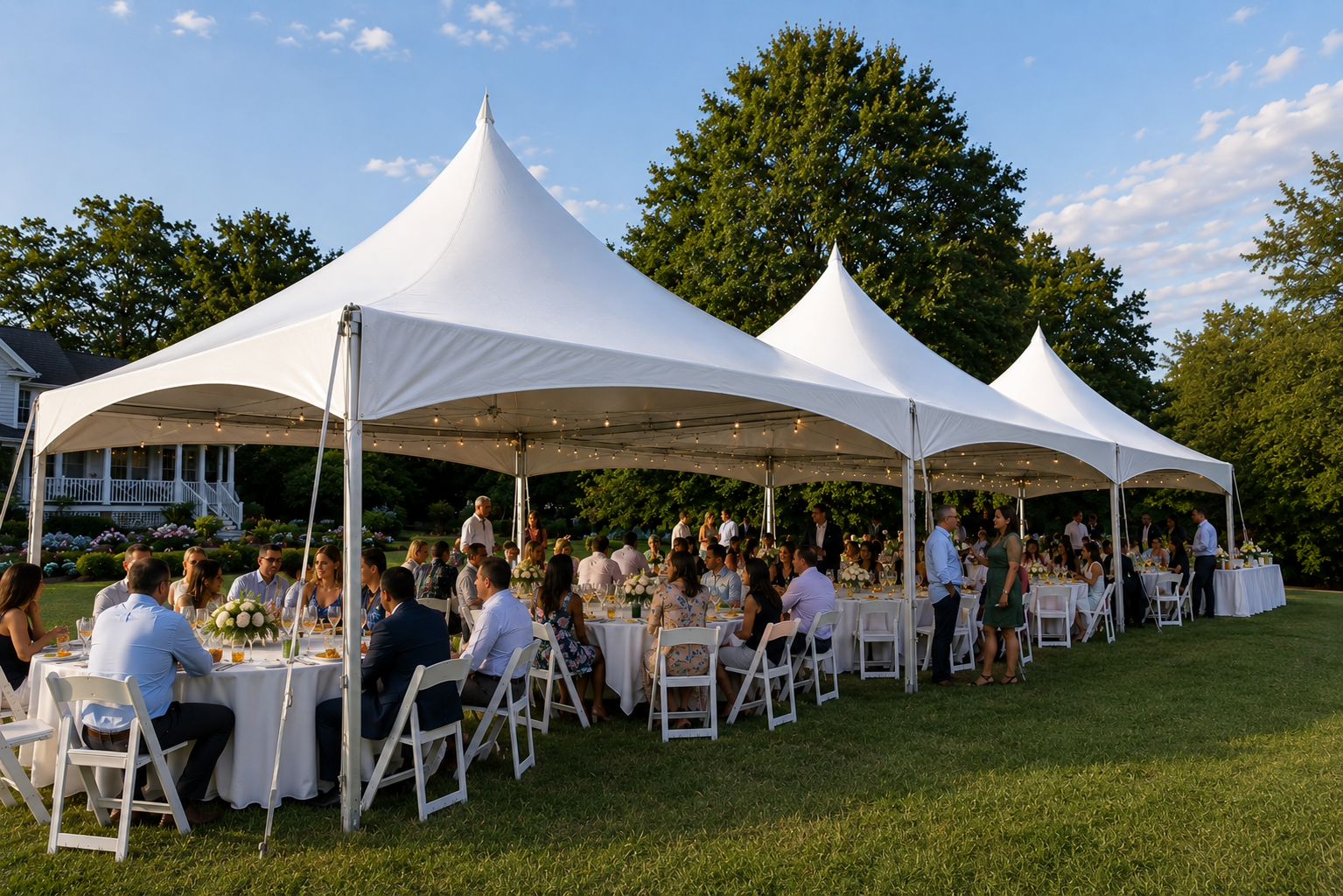 White high-peak event tent with tables and chairs for an outdoor celebration in Central Maryland