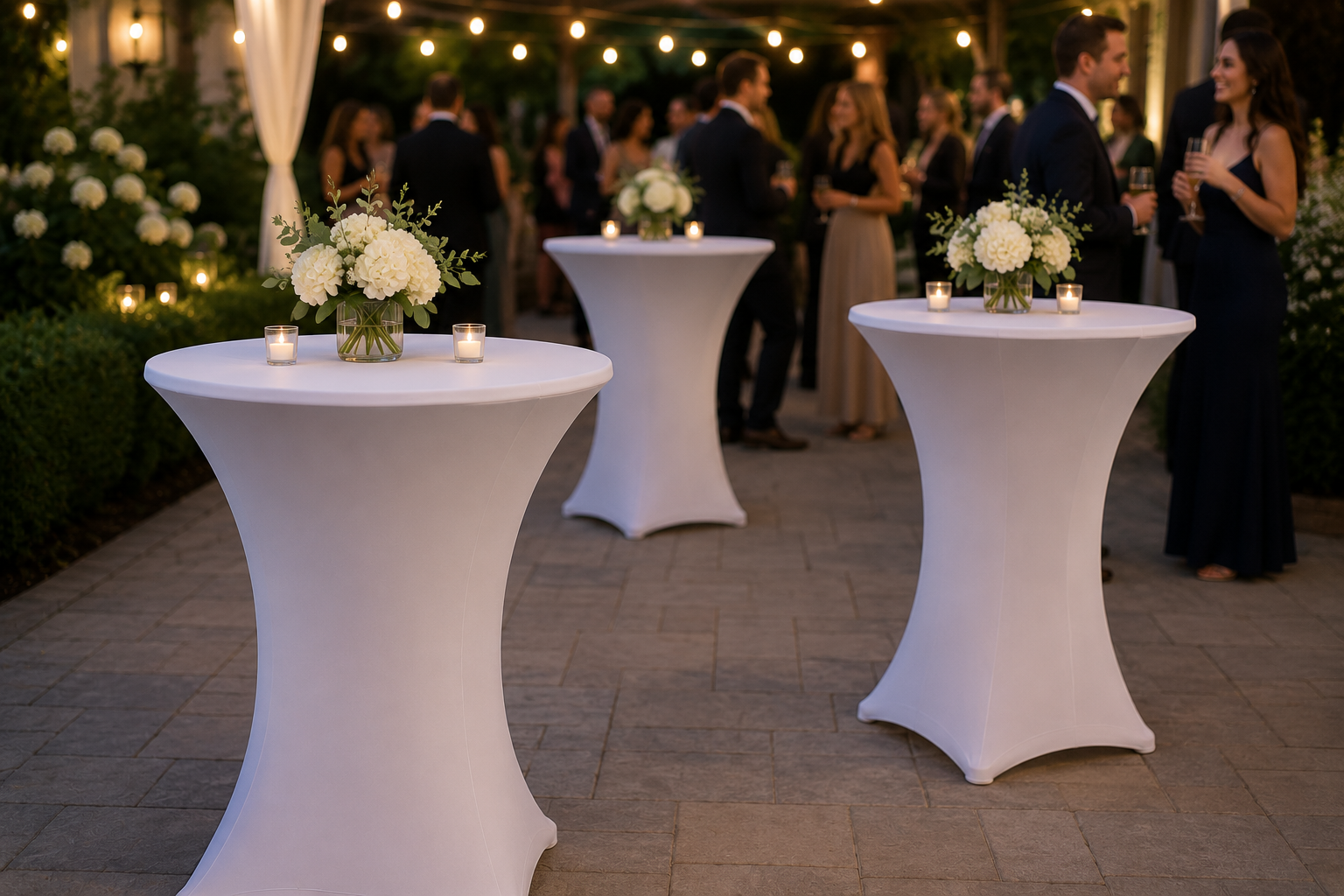 Premium cocktail table rental setup featuring white high-top cocktail tables with fitted linens, floral centerpieces, and candlelight at an upscale wedding cocktail hour and special event in Baltimore, Maryland.