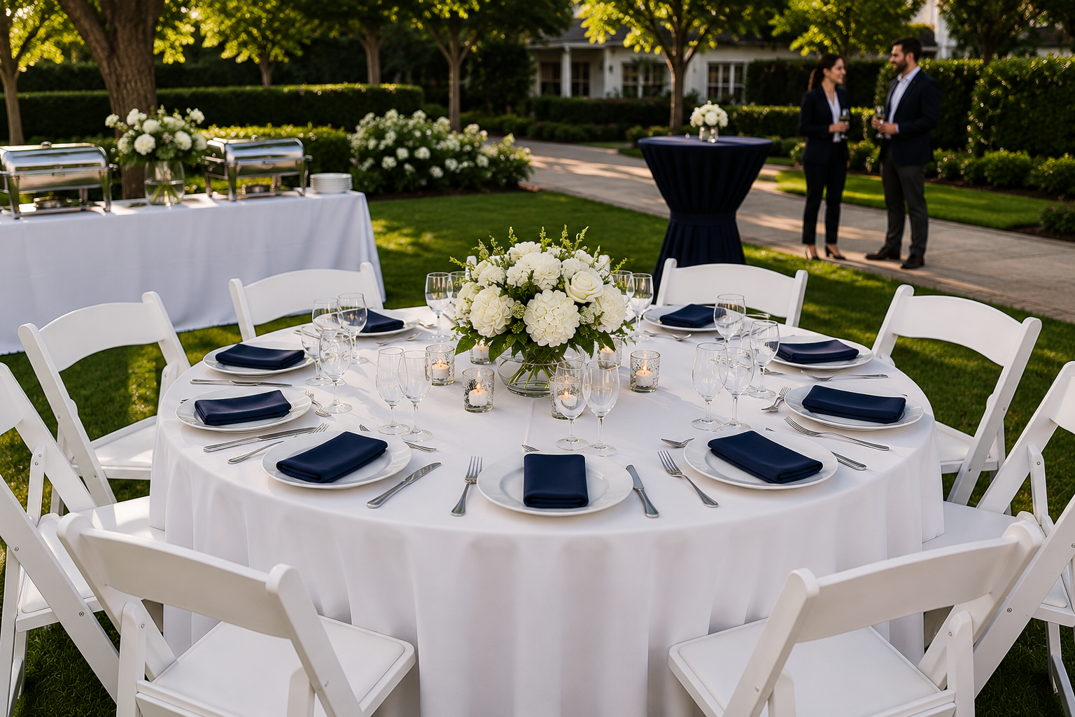 60-inch round table with white table linens, navy blue napkins, white resin chairs, and elegant floral centerpiece at an outdoor corporate networking reception in Baltimore, Maryland.