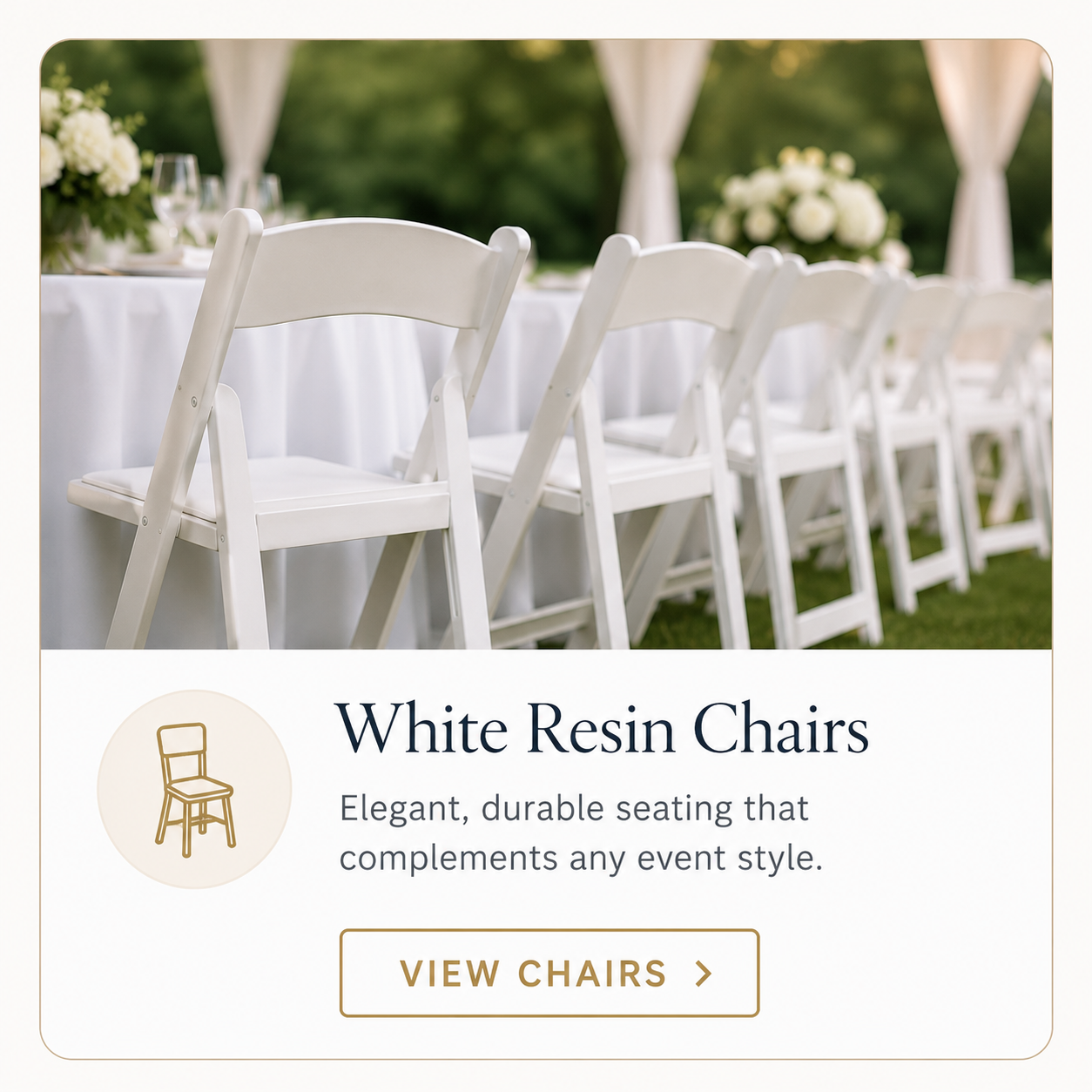 White resin chair rental setup for weddings, graduations, baby showers, and special events in Baltimore, Maryland.