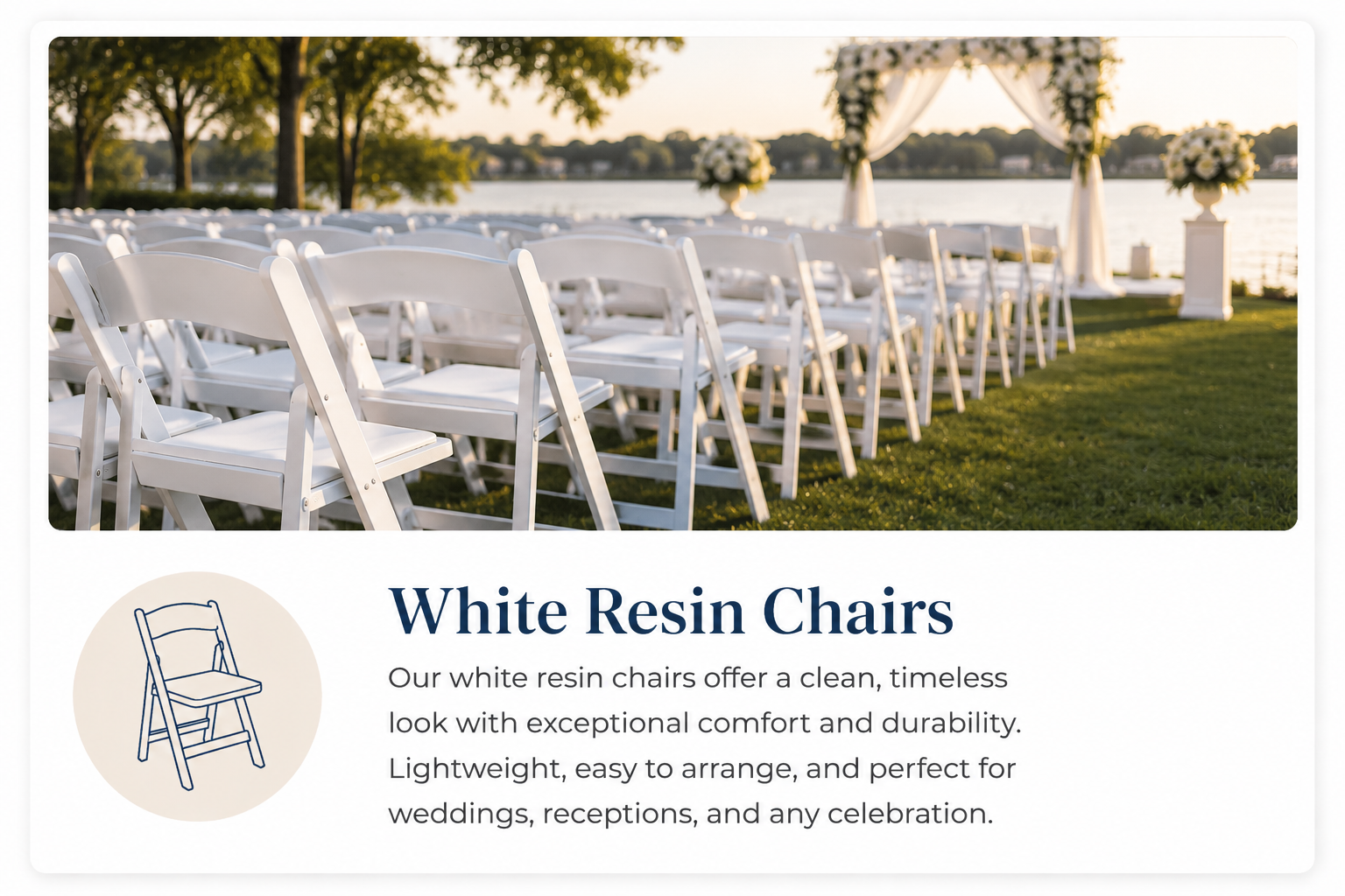 Elegant white resin folding chairs arranged for a waterfront outdoor wedding ceremony, available for wedding and event rentals throughout Baltimore, Maryland.