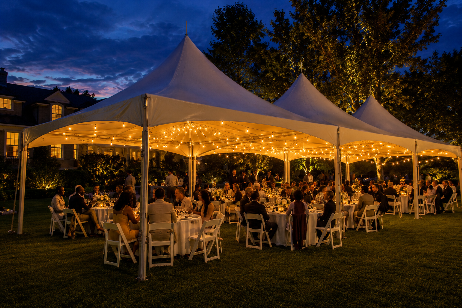 Warm Edison bistro lighting installed inside a commercial 20×60 high peak frame tent during an elegant outdoor evening event with white resin chairs, round banquet tables, and guests enjoying a luxury celebration.