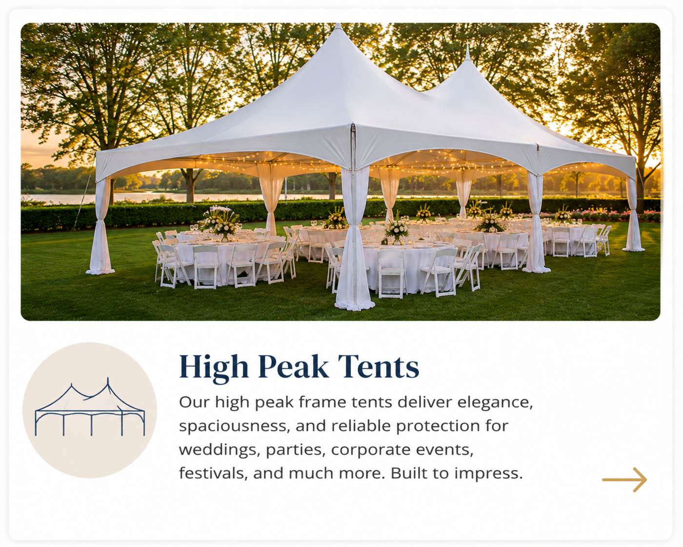 Premium Celina-style high peak frame tent rental set up for an elegant outdoor event with round tables and white folding chairs in Baltimore, Maryland.