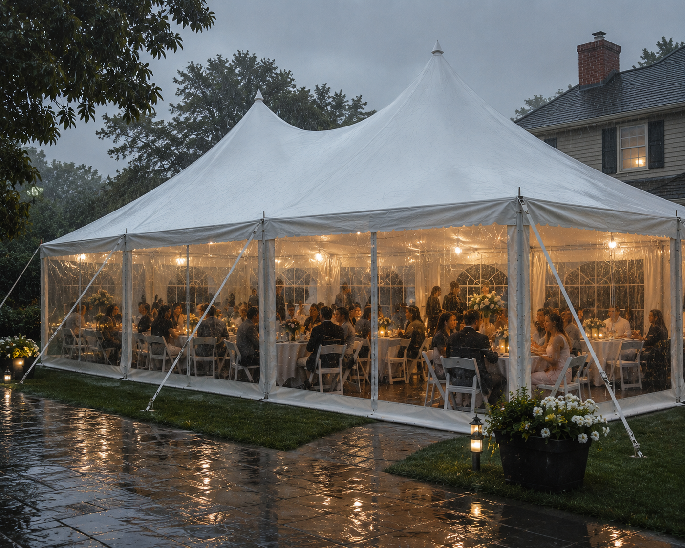 Commercial high peak frame tent with premium clear sidewalls protecting guests during an elegant outdoor event, showcasing weather-resistant tent rental accessories for weddings, corporate events, and private celebrations