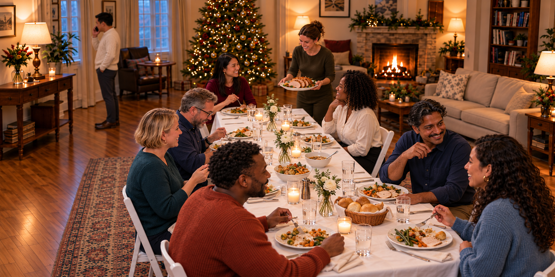 Friends sharing a holiday dinner at home around a long table with white linens and white resin folding chairs, with a lit Christmas tree in the background.