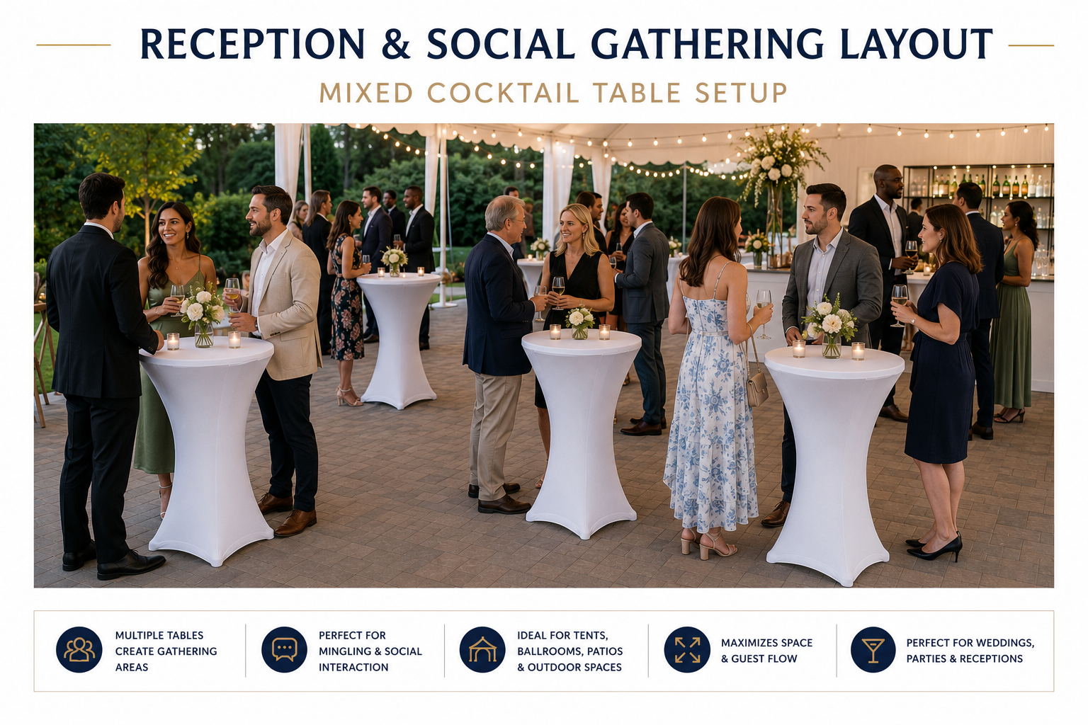 Elegant cocktail table rental layout featuring multiple high top tables with fitted linens, floral centerpieces, and guests socializing beneath a tent during a wedding reception, cocktail hour, and special event.