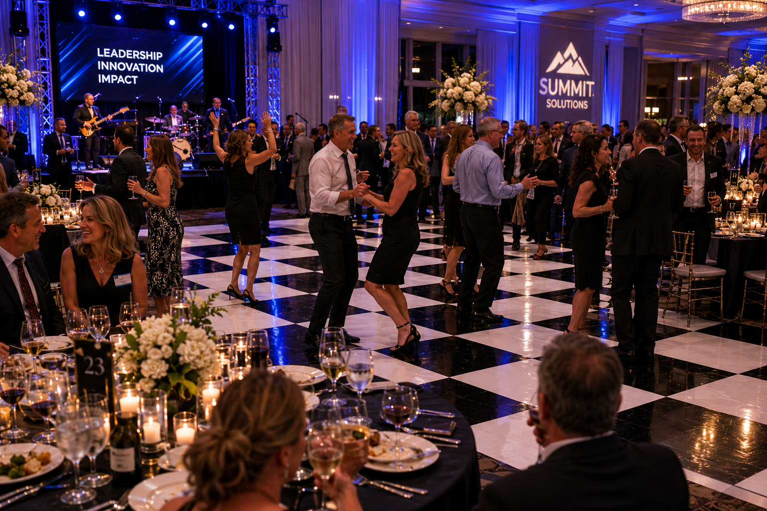 Corporate gala guests dancing and networking on a premium black and white checkered dance floor surrounded by elegant banquet tables, live entertainment, and upscale décor at a formal corporate event in Baltimore, Maryland.