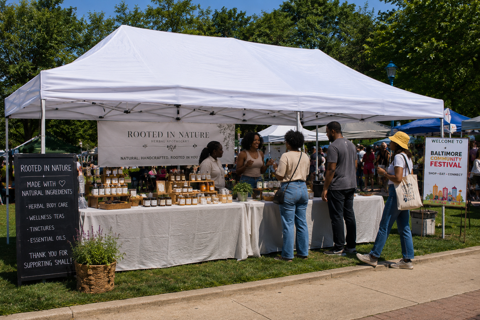 10x20 white pop-up canopy tent rental in Baltimore MD used as a farmers market vendor booth with tables, product displays, and outdoor community event setup
