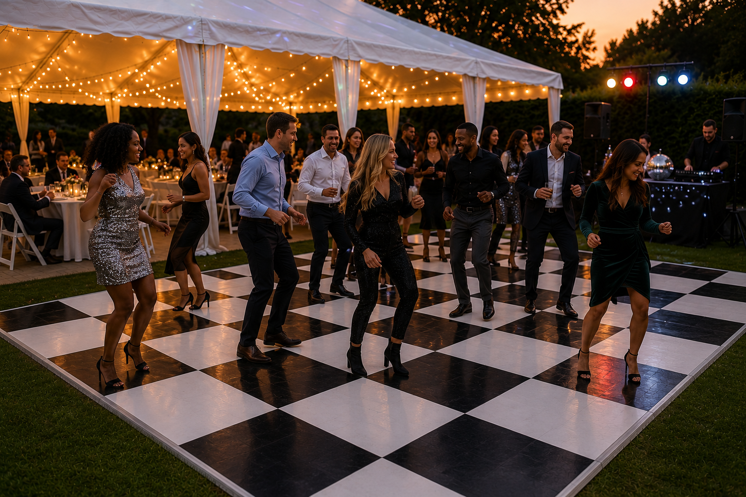 Black and white checkered dance floor with corporate professionals enjoying a festive holiday party beneath a high peak event tent with white resin chairs, bistro lighting, and DJ entertainment in Baltimore, Maryland.
