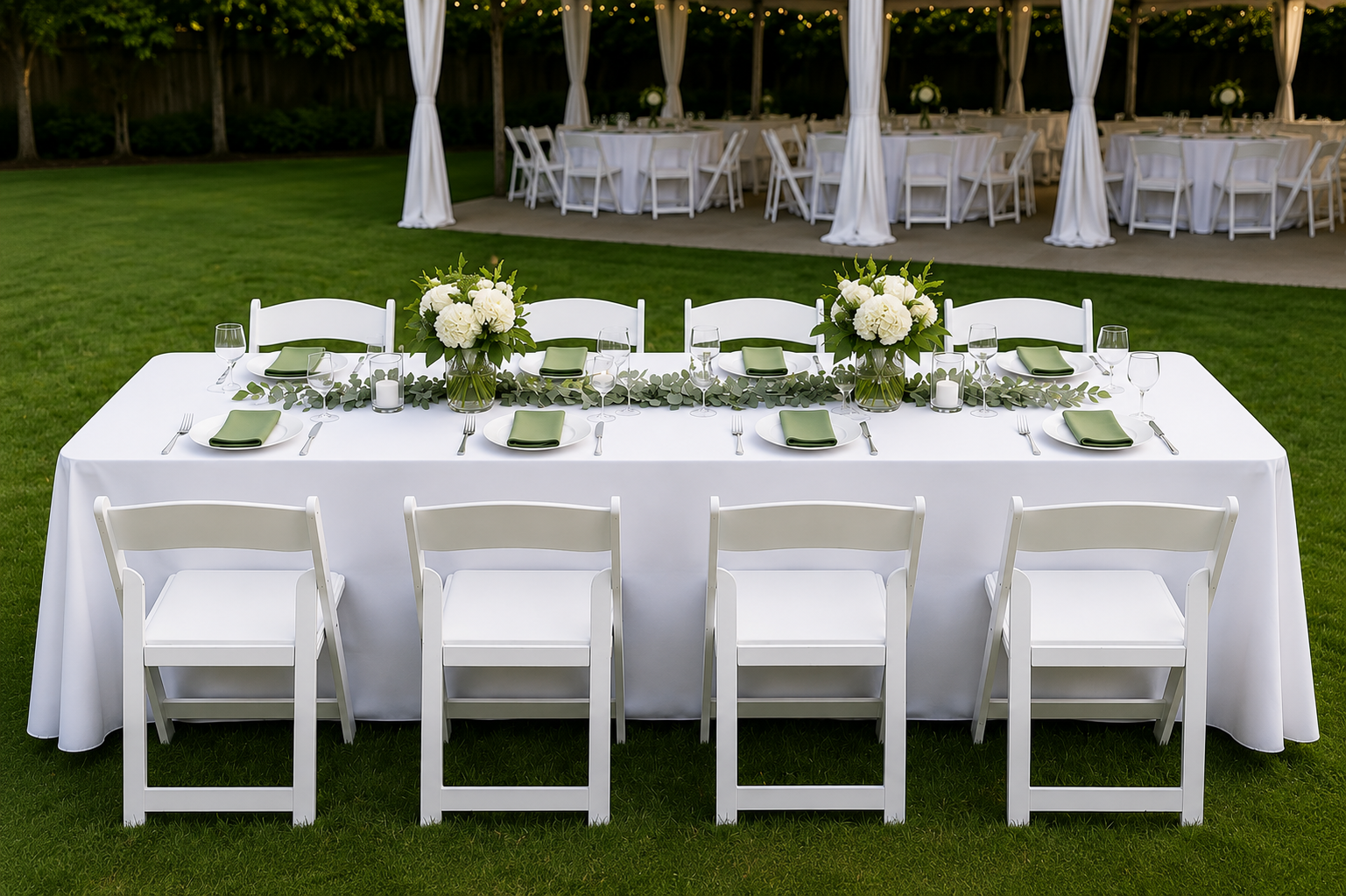 8-foot rectangular table rental with white resin chairs and event tent setup for weddings and special events in Baltimore,
