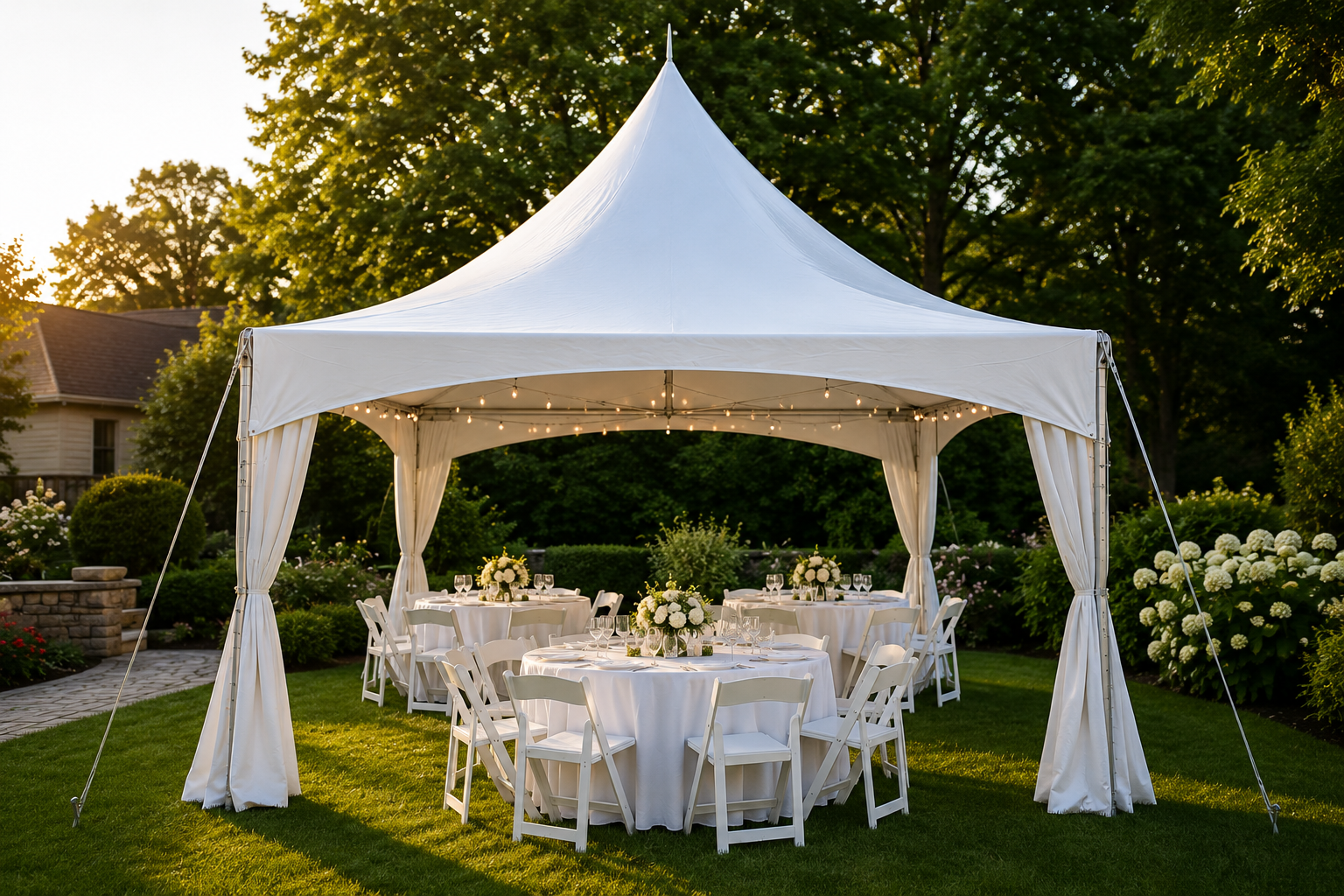 20x20 marquee high peak tent rental featuring wedding-style seating, white folding chairs, and round banquet tables for outdoor events in Baltimore, MD.