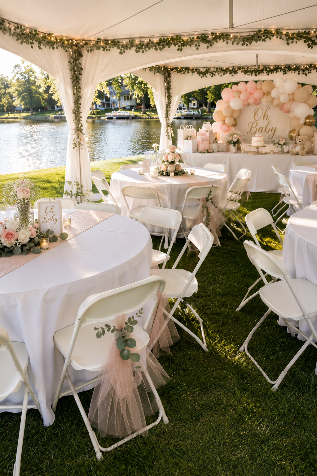 Elegant outdoor baby shower beneath a high peak event tent featuring white folding chairs, round banquet tables, blush and ivory décor, an "Oh Baby" backdrop, and lakeside views, styled by Harbor City Event Rentals in Baltimore, Maryland.