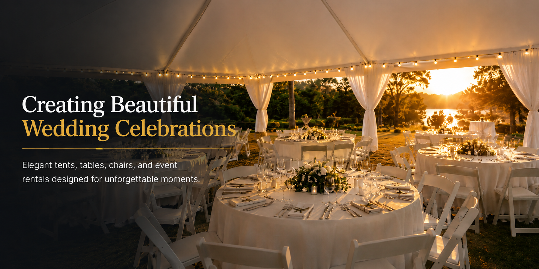 Elegant outdoor wedding reception under a white tent with tables, chairs, string lights, and sunset views for a Baltimore wedding celebration.
