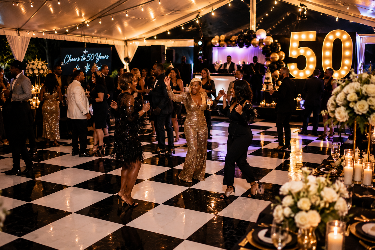 Premium black and white checkered dance floor rental in Baltimore, MD creating the centerpiece of a luxury 50th birthday celebration with guests dancing beneath elegant event lighting inside a beautifully decorated reception tent.