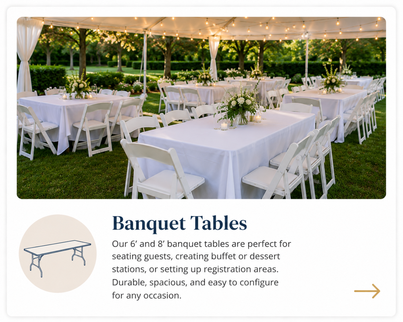 6-foot and 8-foot banquet table rentals with white linens and white folding chairs arranged beneath a high peak tent for an outdoor event in Baltimore, Maryland.