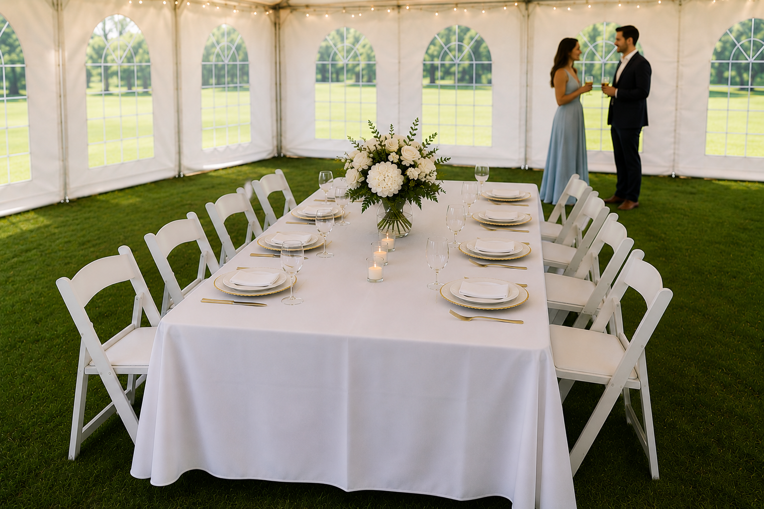 Elegant 8-foot rectangular banquet table rental with seating for eight guests, white folding chairs, premium linens, and floral centerpiece set beneath a high peak tent