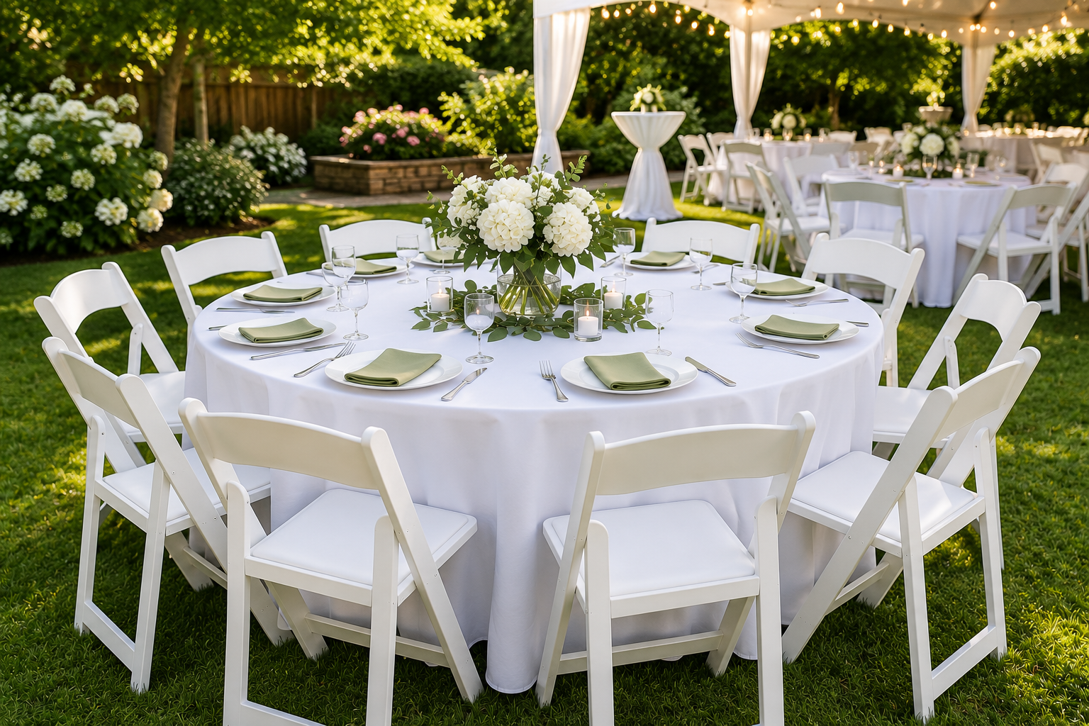 60-inch round table rental with white linens and white resin chairs arranged for a wedding or special event in Baltimore, Maryland.