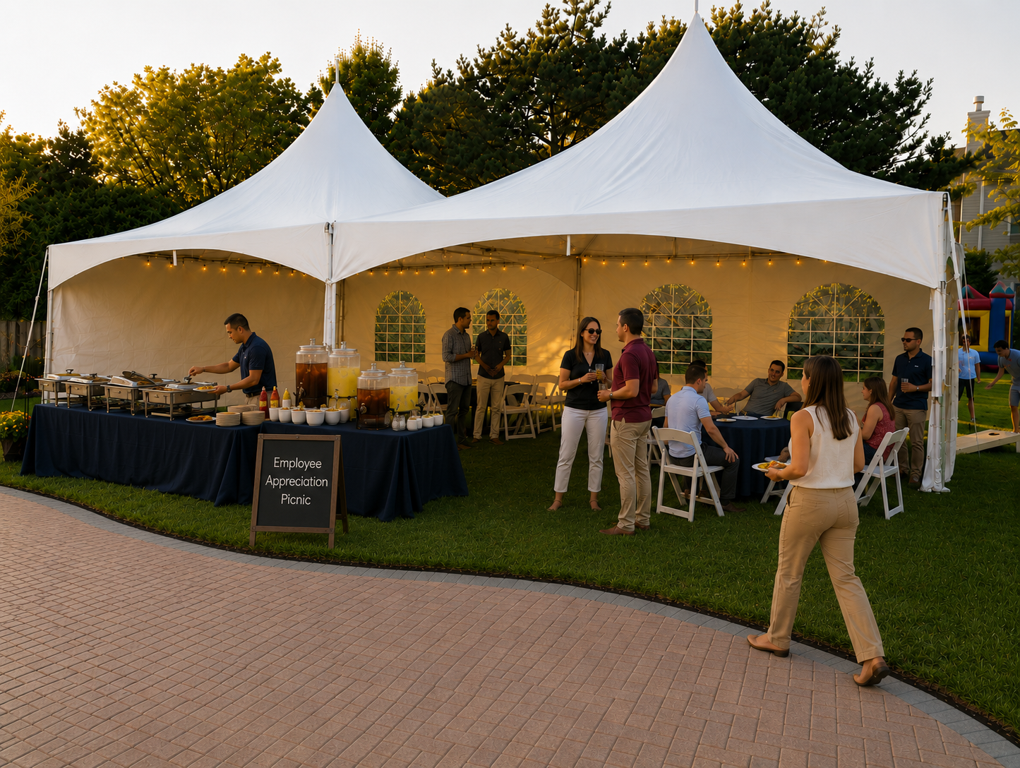 Employees enjoying a company appreciation picnic under a premium white high peak tent with buffet catering, white resin chairs, and professional event rentals by Harbor City Event Rentals in Baltimore, Maryland.
