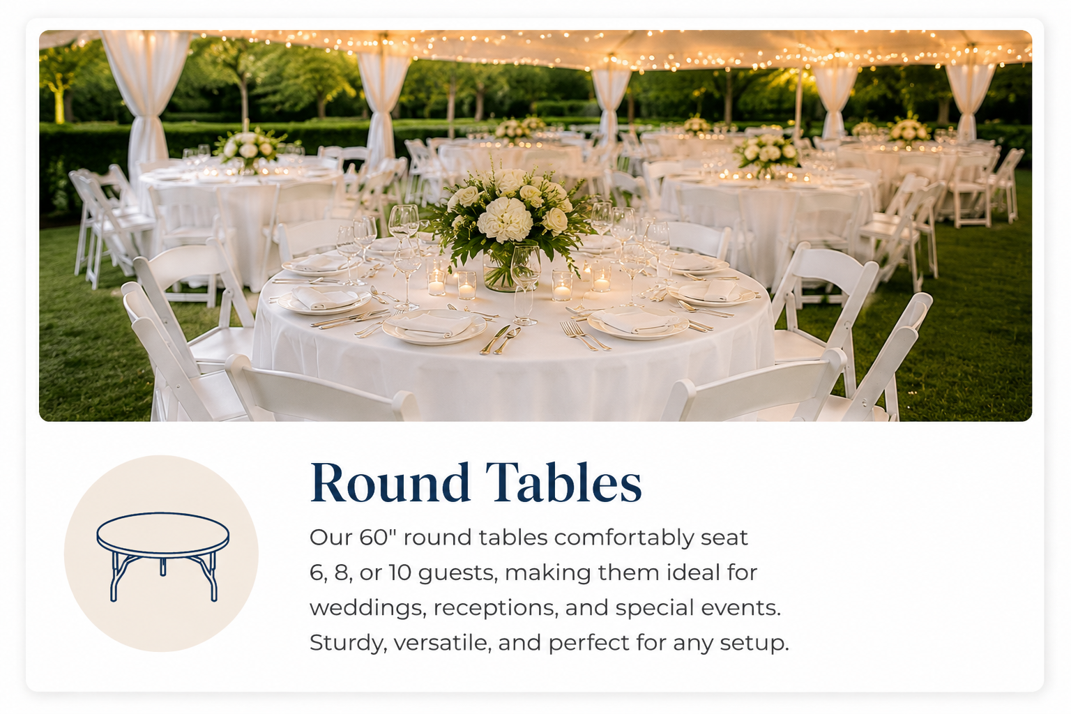 60-inch round banquet tables with elegant white linens and floral centerpieces, ideal for wedding receptions, galas, and private events in Baltimore, Maryland.