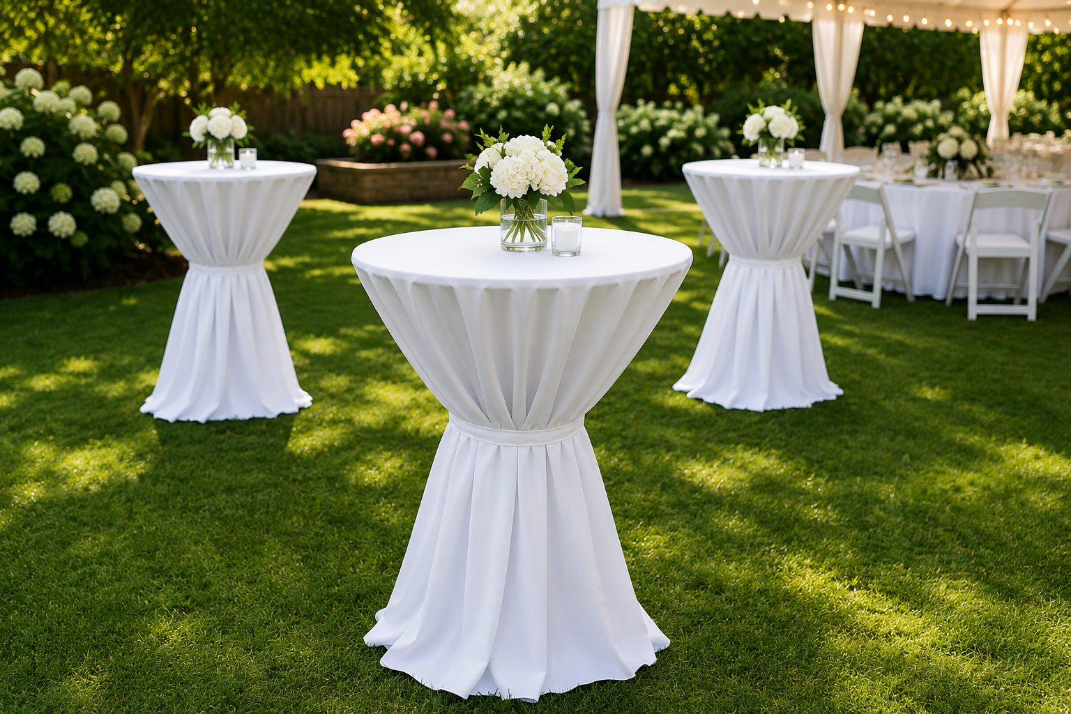 Cocktail table rentals with white linens arranged for an outdoor wedding reception and special event in Baltimore, Maryland.