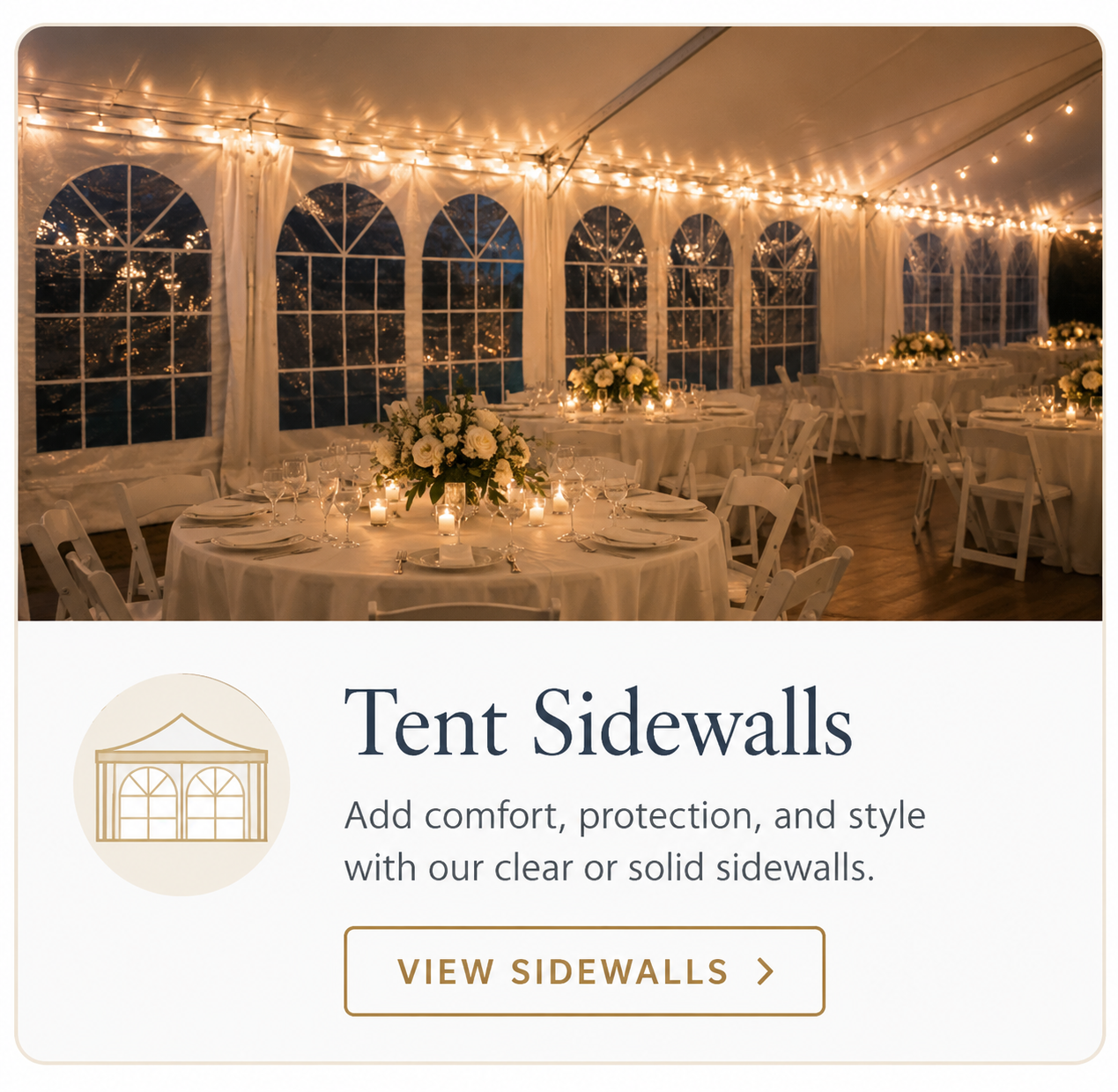 Elegant wedding reception inside a white frame tent with cathedral window sidewalls, providing protection while maintaining beautiful outdoor views.