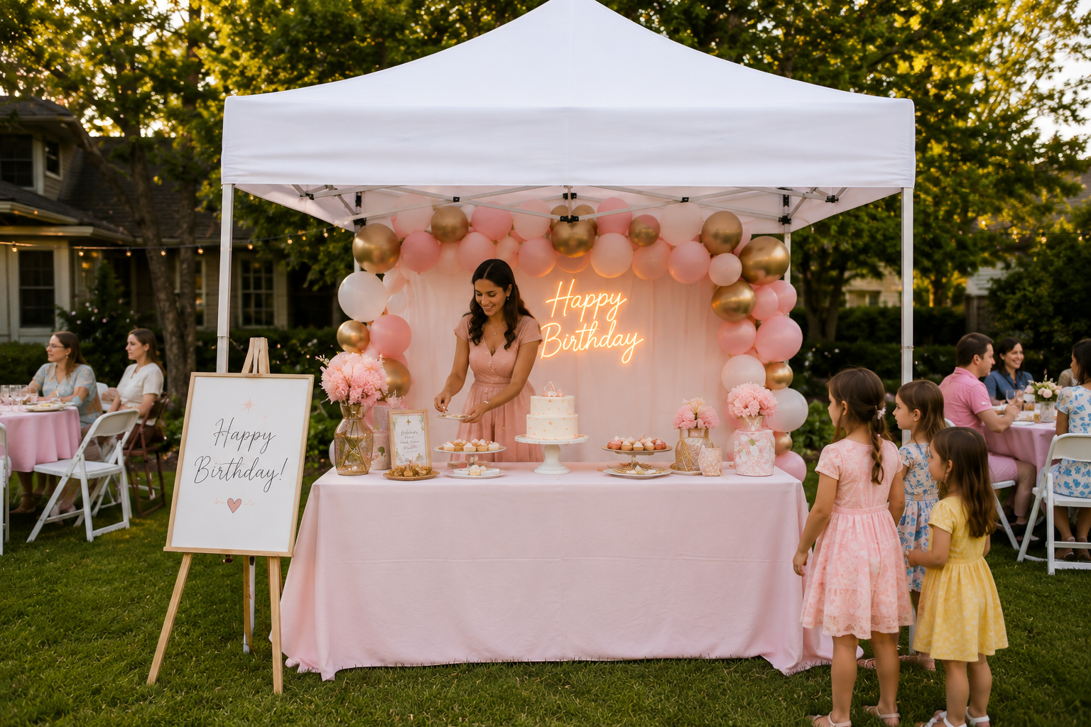 10x10 white pop-up canopy tent rental in Baltimore MD for birthday parties, baby showers, vendor setups, dessert tables, and small outdoor celebrations with tables and chairs