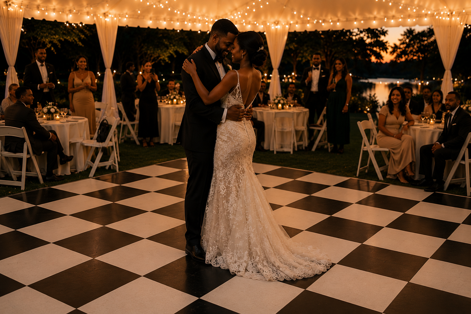 Premium black and white checkered dance floor rental for weddings and special events, featuring a couple's first dance beneath elegant tent lighting with banquet tables, white resin chairs, and a beautifully designed outdoor reception.