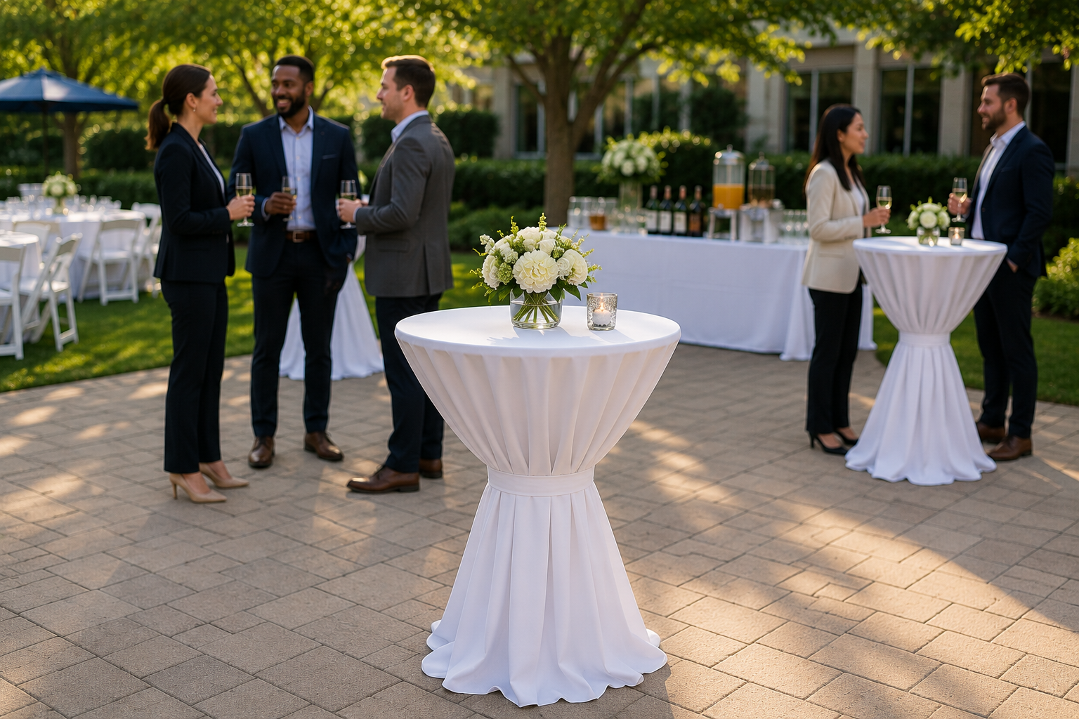 Cocktail tables with white linens and floral centerpieces at an outdoor corporate networking reception, featuring business professionals mingling during a corporate event in Baltimore, Maryland.