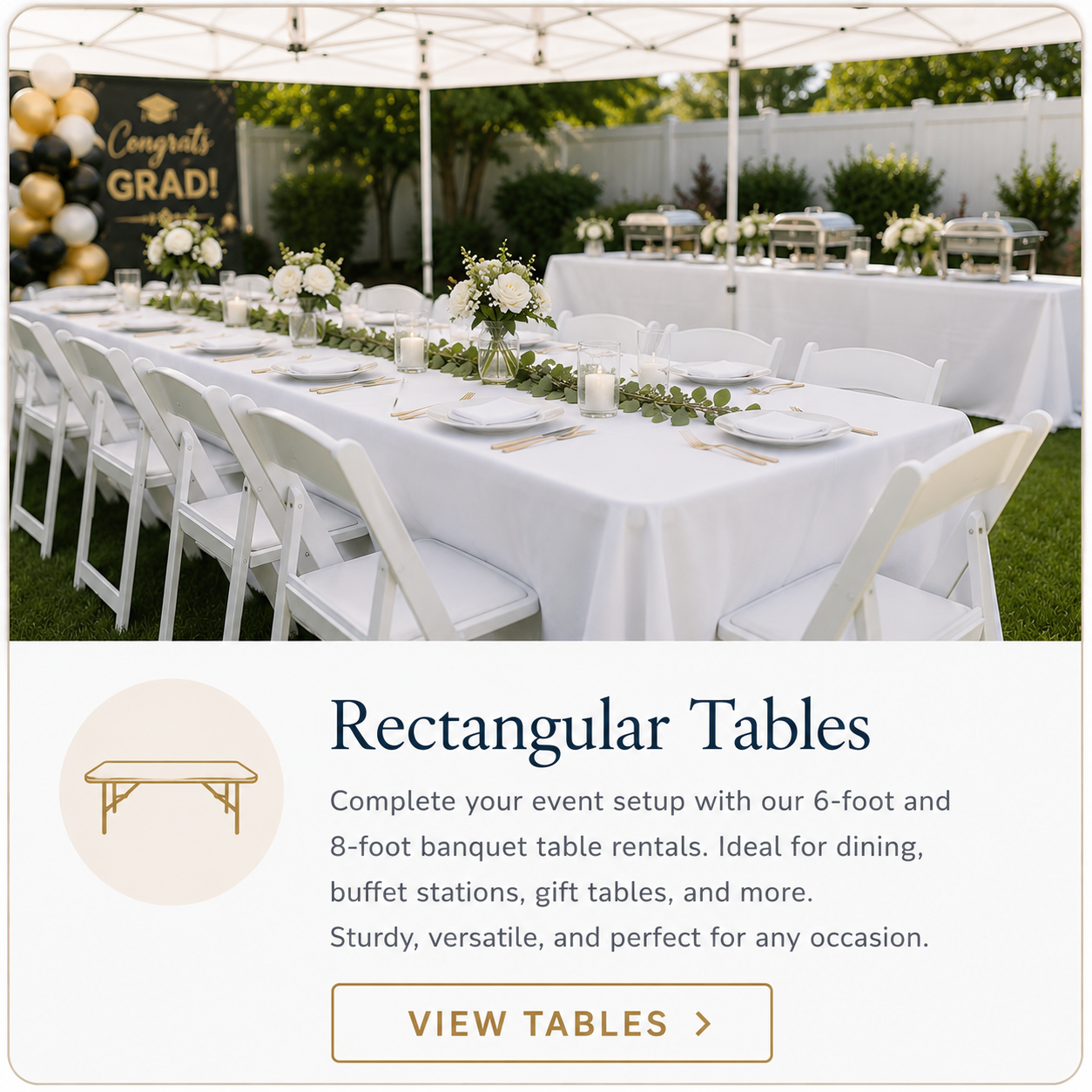 Rectangular banquet table rentals in Baltimore MD for pop-up canopy tent setups, outdoor parties, graduations, family gatherings, food stations, and event seating