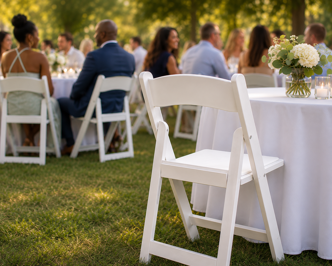 Premium white resin folding chair rental featured at an elegant outdoor event with banquet tables, white linens, and guests, ideal for weddings, corporate events, graduation parties, galas, and private celebrations.