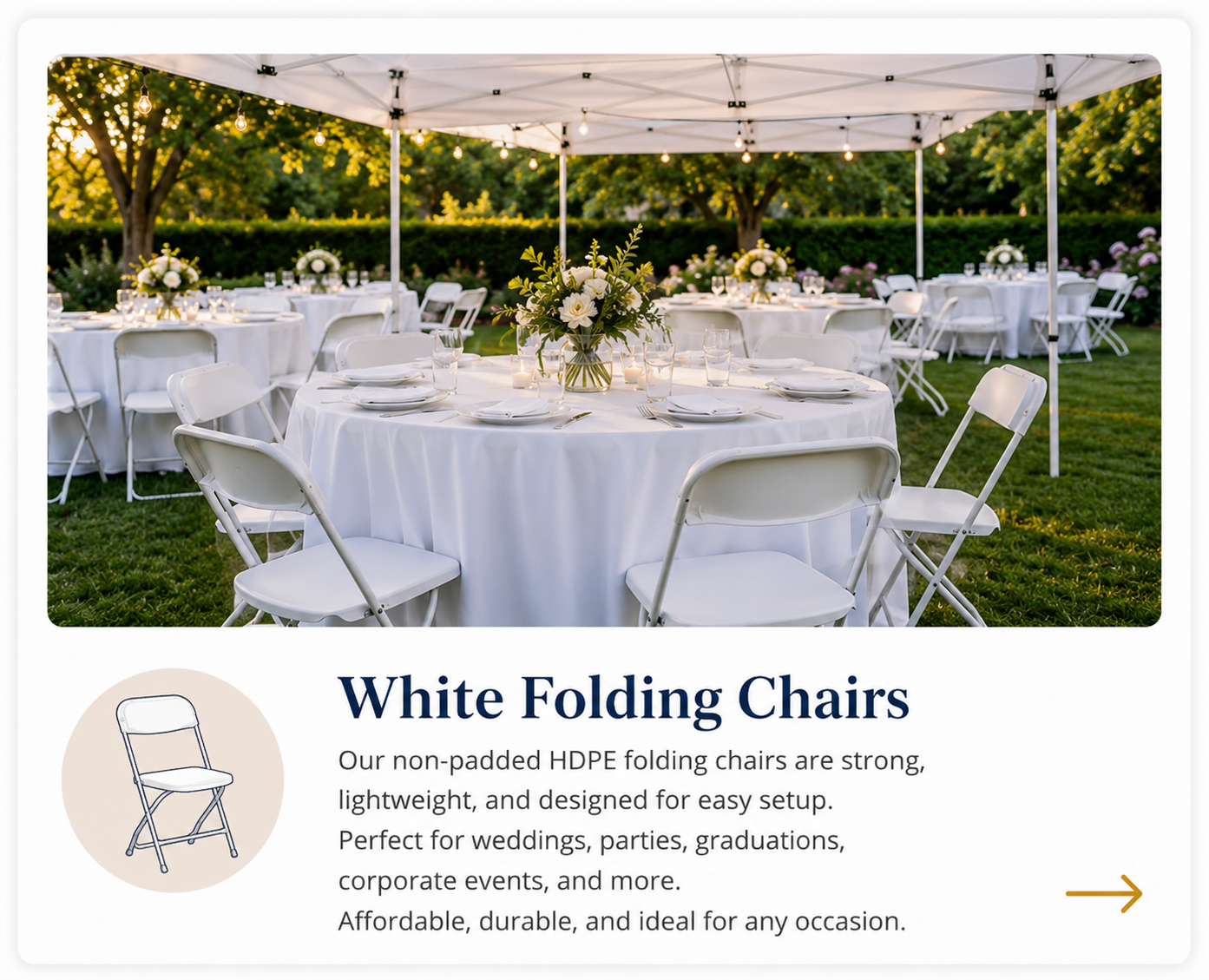 Commercial white non-padded HDPE folding chairs arranged around event tables beneath a high peak tent for an elegant outdoor celebration in Baltimore, Maryland.