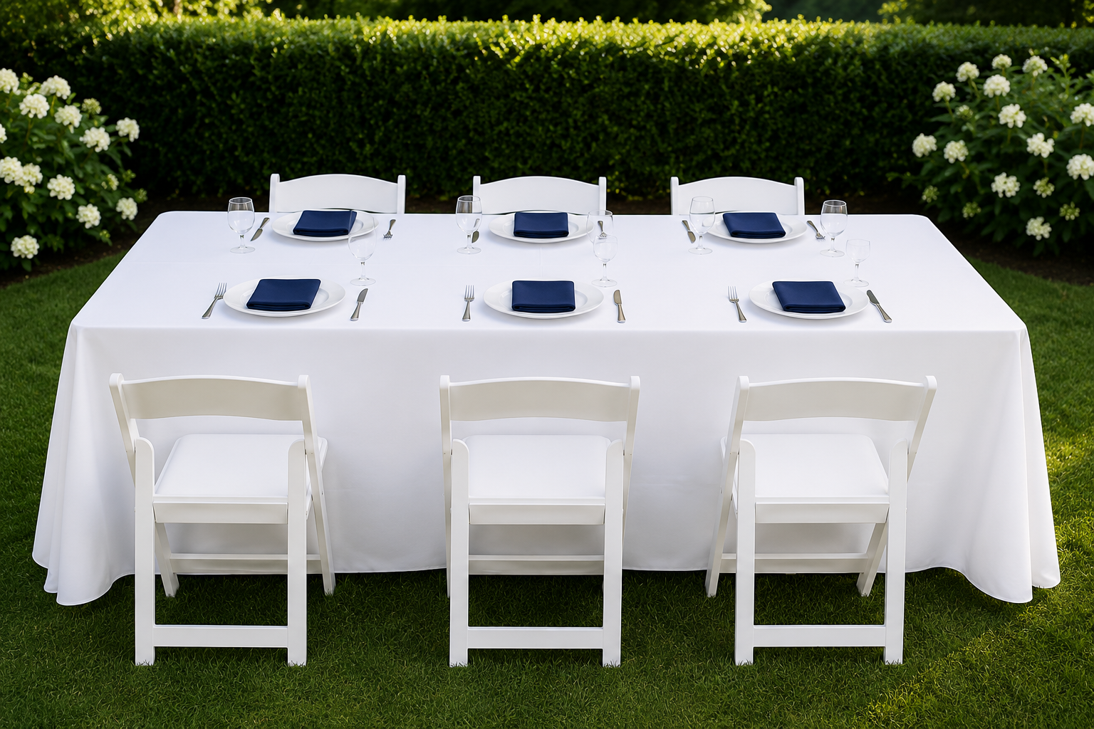 6-foot rectangular banquet table with white table linens, navy blue napkins, white resin chairs, and a minimalist greenery garland at an outdoor corporate event in Baltimore, Maryland.