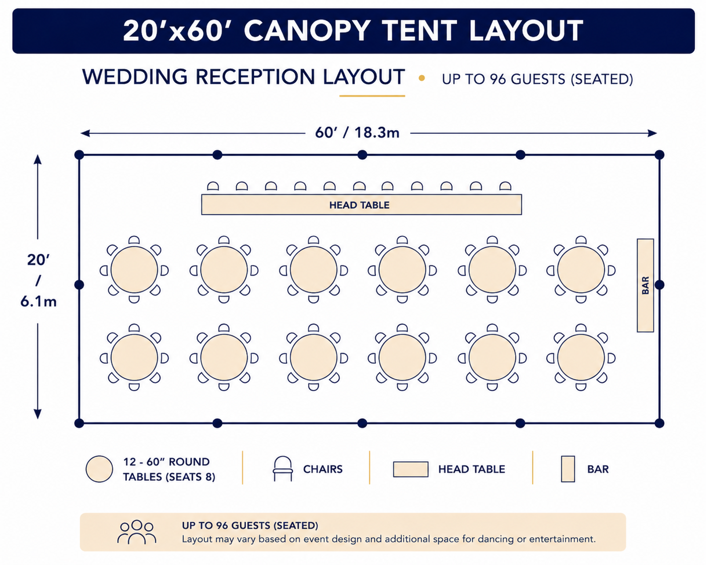 20x60 Marquee High Peak Tent wedding reception layout with 12 round tables seating up to 96 guests, head table, and bar area in Baltimore, Maryland.