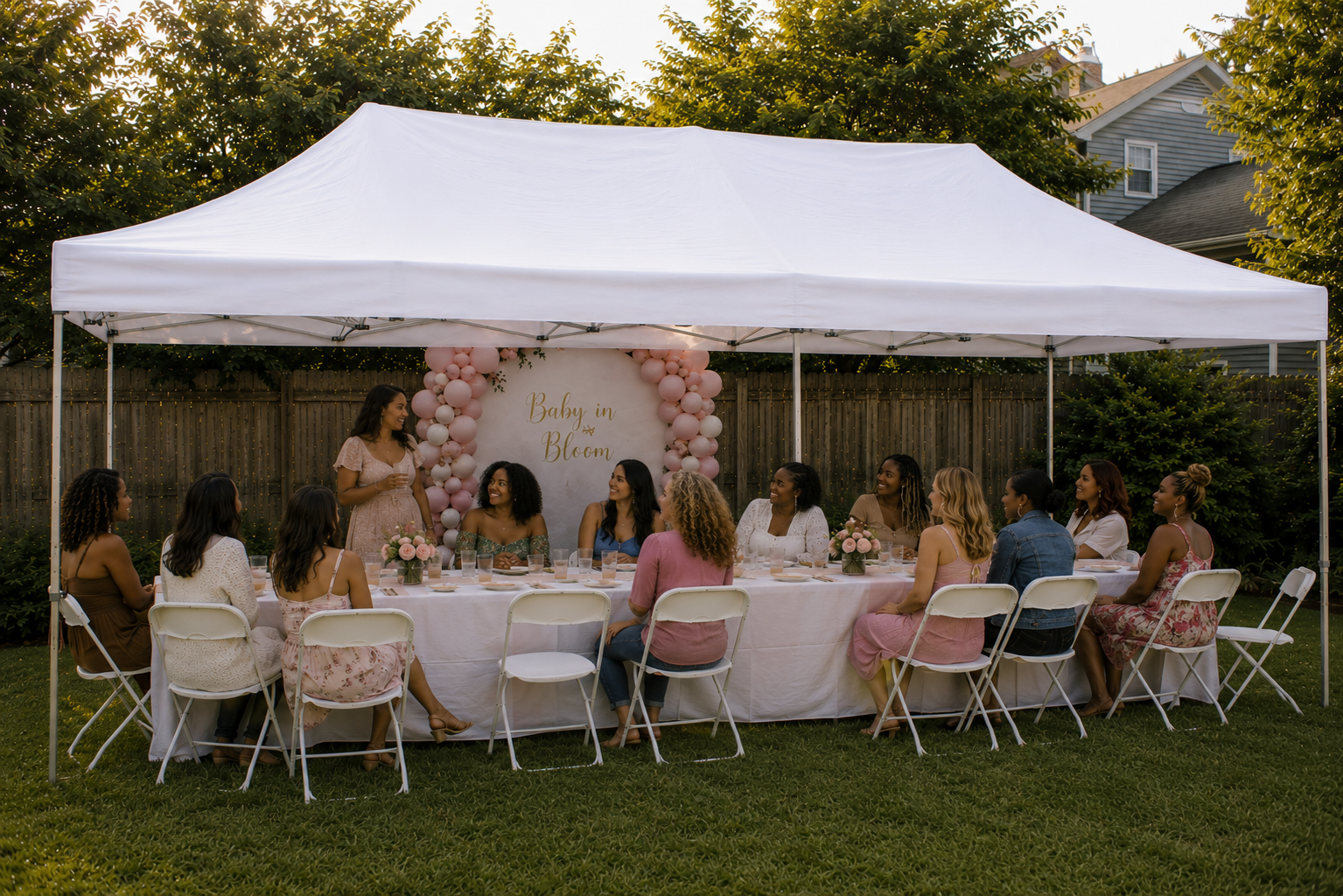 10x20 white pop-up canopy tent rental in Baltimore MD for an outdoor baby shower with banquet tables, folding chairs, and backyard event seating