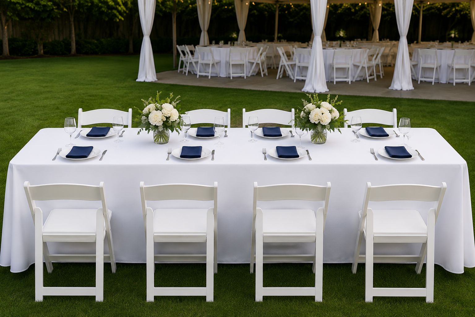 8-foot rectangular banquet table with white table linens, navy blue napkins, white resin chairs, and minimalist floral centerpieces arranged for an outdoor corporate event in Baltimore, Maryland.