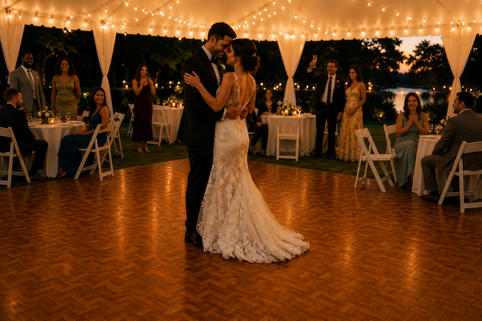 Bride and groom sharing their first dance on a classic parquet wood dance floor beneath a white reception tent with warm string lights, surrounded by wedding guests at an elegant outdoor wedding reception.
