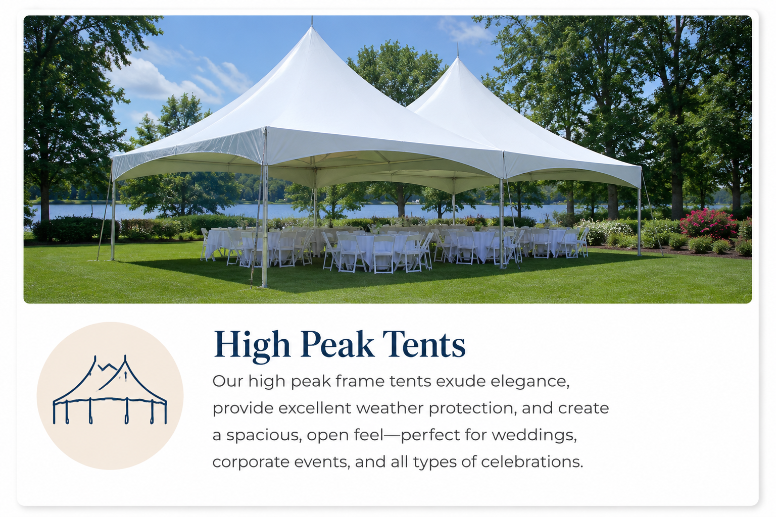 Premium white high peak frame tent rental with elegant reception seating, perfect for weddings, corporate events, and outdoor celebrations in Baltimore, Maryland.