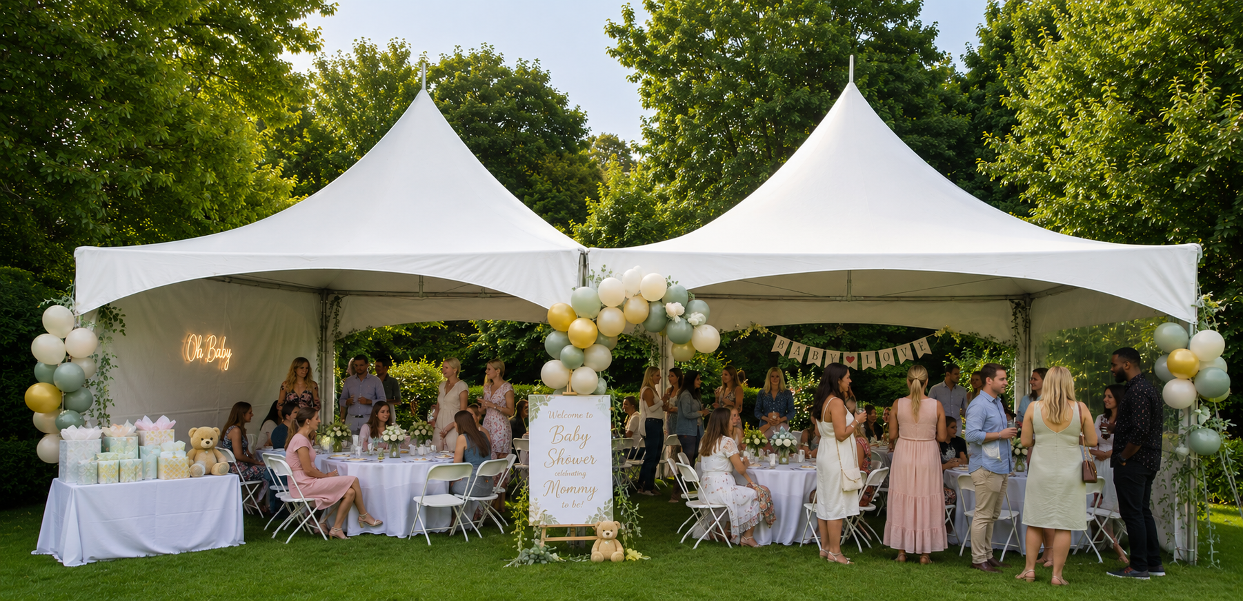20×40 high peak tent rental with banquet-style seating, round tables, and white folding chairs for an outdoor event.