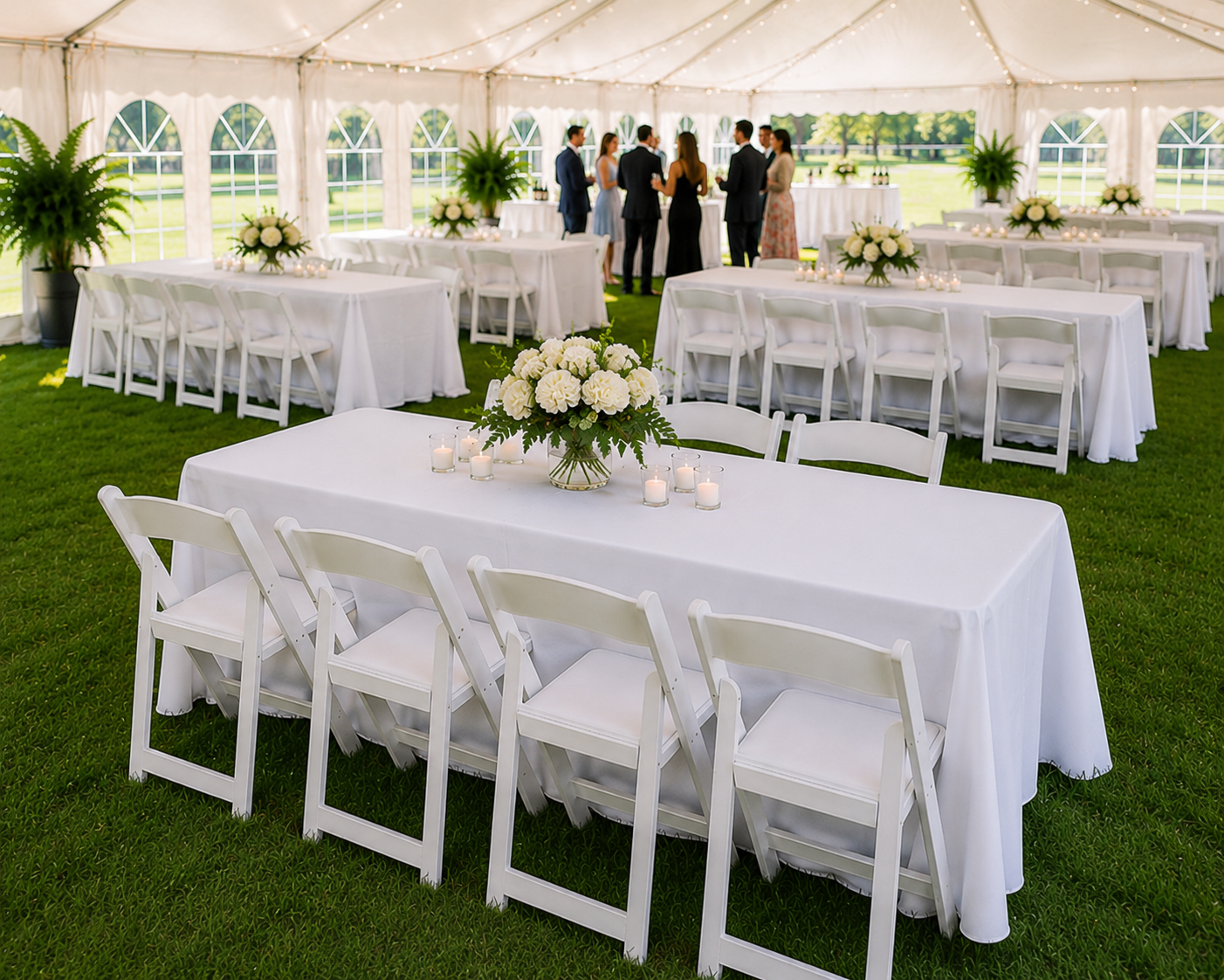 6-foot rectangular table rental with white linens and folding chairs set up under an event tent for weddings, graduation parties, and special events.
