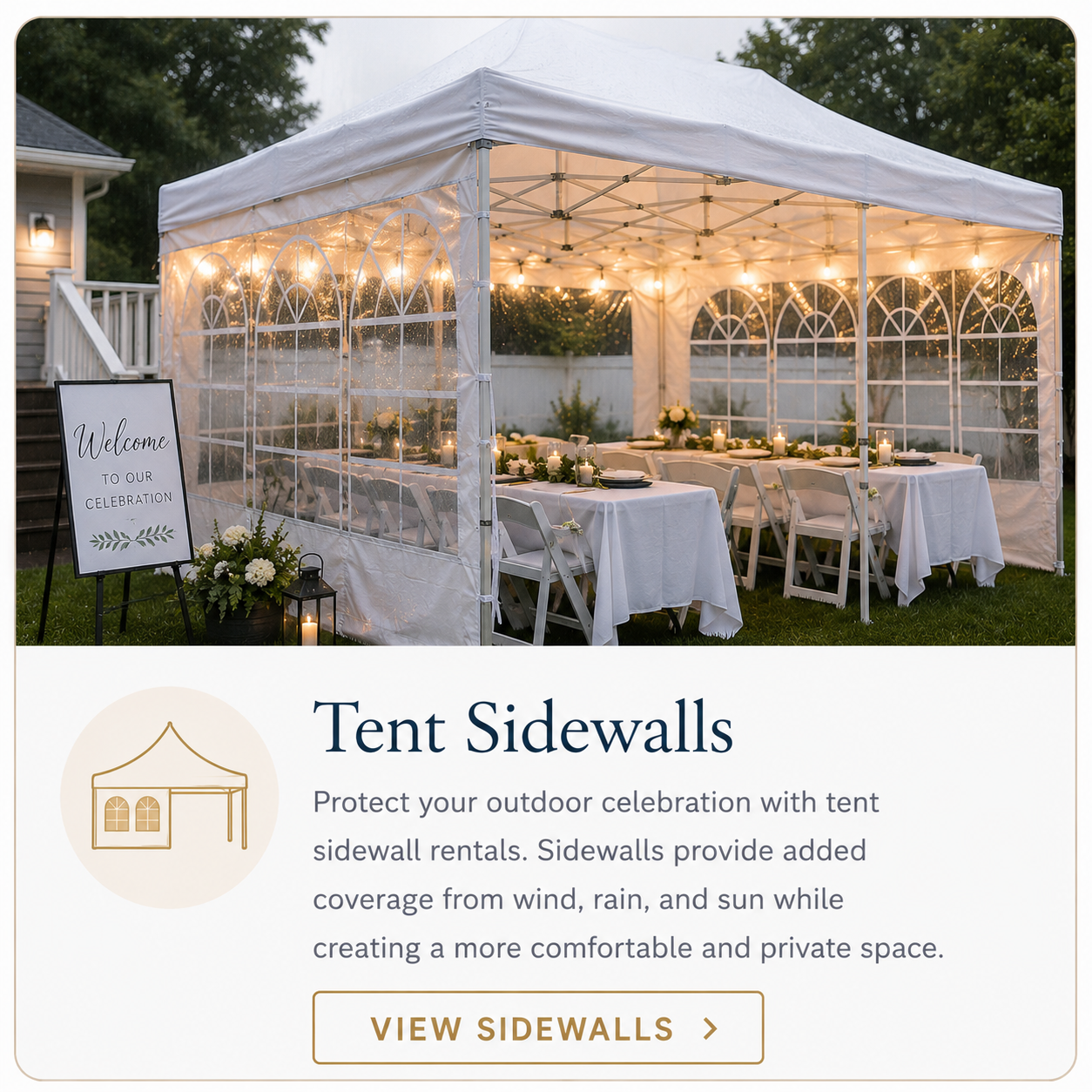 Tent sidewall rentals in Baltimore MD for pop-up canopy tents, outdoor events, rain protection, wind coverage, backyard parties, and comfortable celebrations
