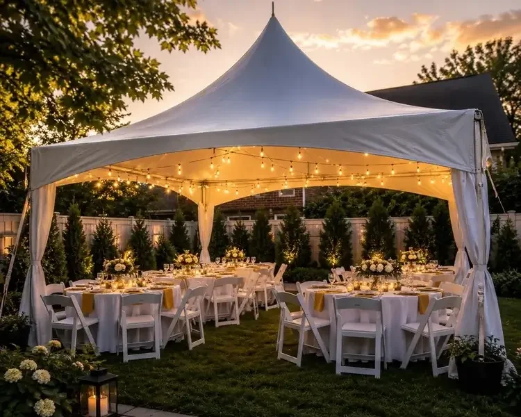 20x20 high peak tent set up for an evening wedding reception in Baltimore, MD, with white round tables, gold table runners, string lights, and white folding chairs