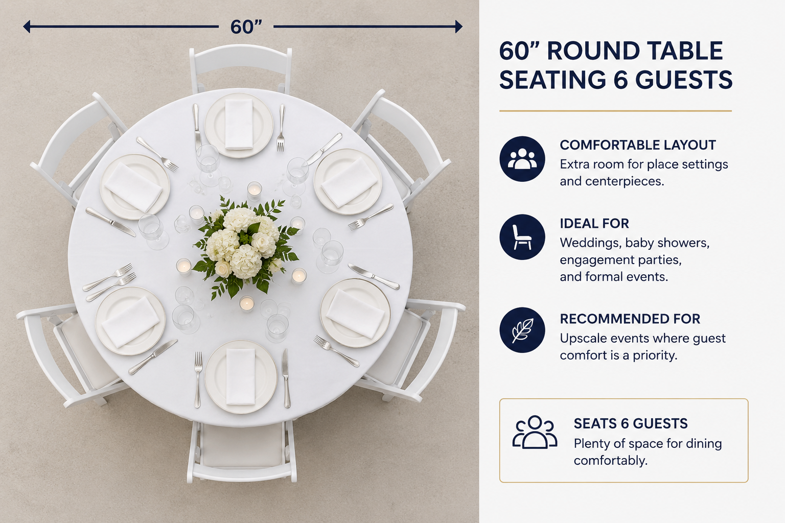 60-inch round table seating layout for 6 guests at weddings, graduation parties, and special events in Baltimore Maryland.