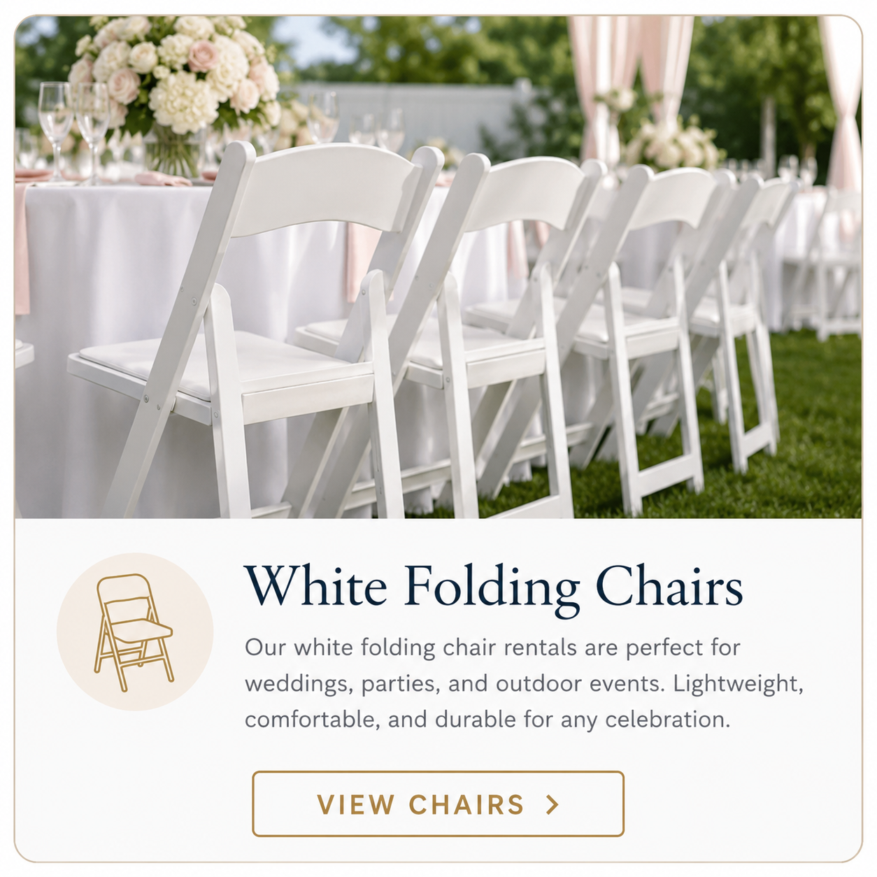 White folding chair rentals in Baltimore MD for pop-up tent events, birthday parties, graduations, baby showers, outdoor celebrations, and party seating setups