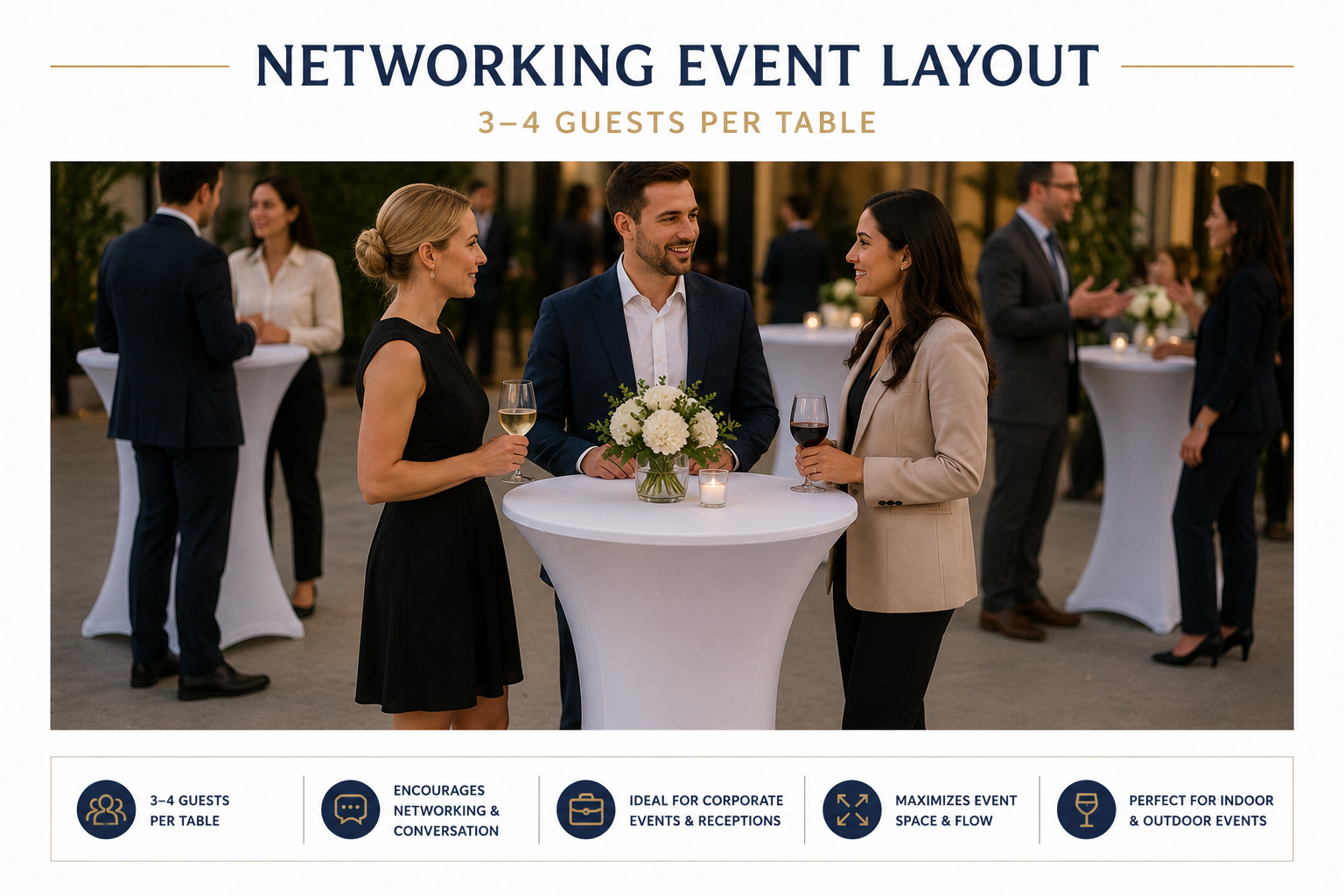 Professional networking event setup with high top cocktail tables, guests socializing, beverages, and conversation areas designed for corporate receptions, fundraisers, and business gatherings.