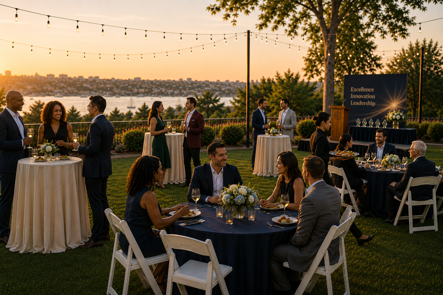 Outdoor corporate awards gala during golden hour featuring white resin chairs, round banquet tables, cocktail tables, elegant linens, floral centerpieces, and business professionals networking at an executive summer reception in Baltimore, Maryland.