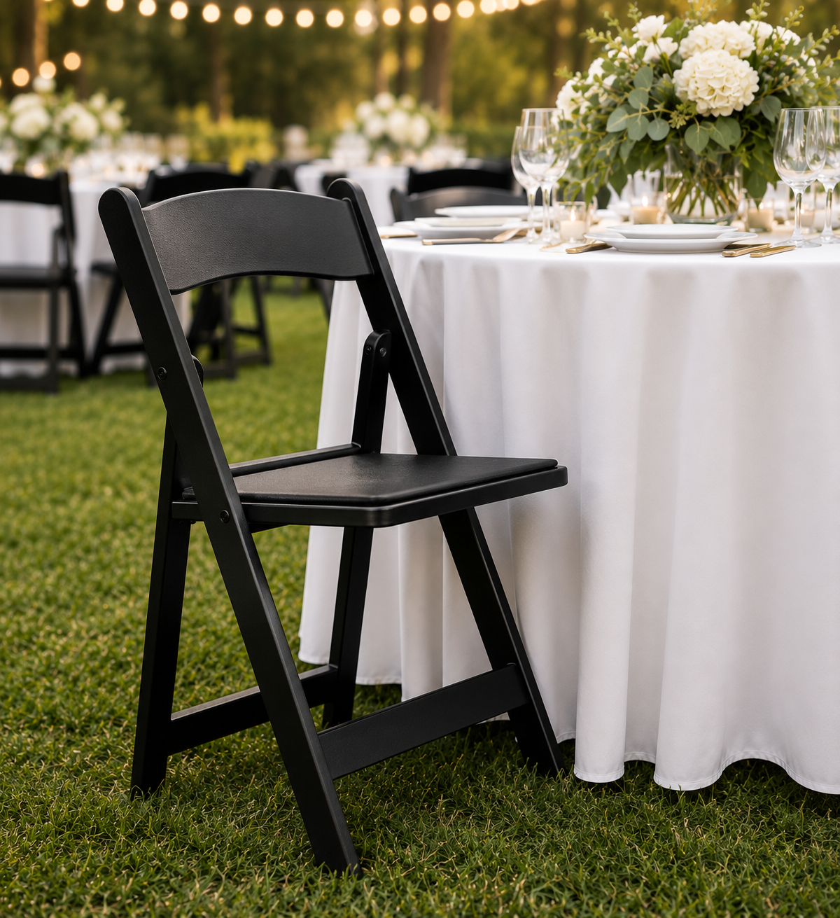 Black folding chair beside an elegant event table with floral centerpiece, white linen, and outdoor event seating in a garden celebration setting