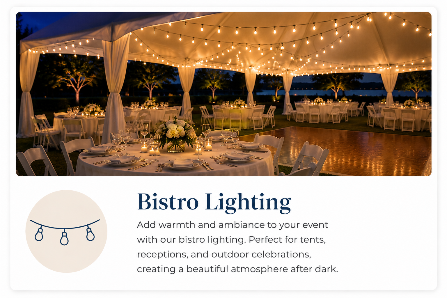 Warm bistro string lighting illuminating an elegant outdoor wedding reception beneath a high peak tent, available for event rentals throughout Baltimore, Maryland.