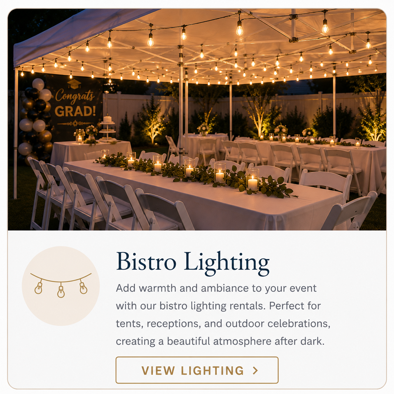 Bistro lighting rentals in Baltimore MD for pop-up tents, outdoor parties, evening celebrations, backyard events, weddings, and warm event lighting setups