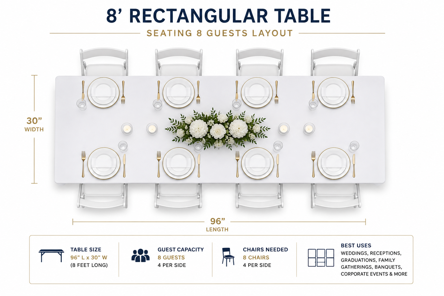 8-foot rectangular banquet table seating 8 guests with four chairs on each side, formal place settings, and floral centerpiece for weddings and banquet events.