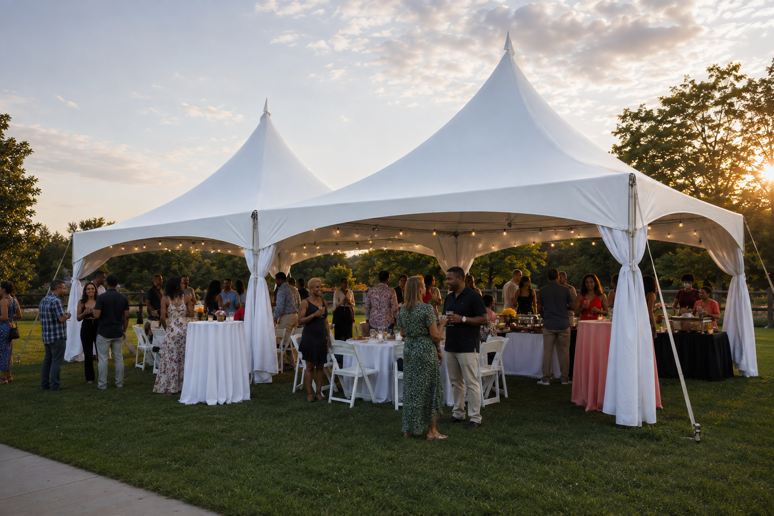 Guests enjoying a summer party beneath a 20x40 high peak frame tent made from two connected 20x20 tents, featuring banquet seating, cocktail tables, and warm evening lighting in Baltimore, Maryland.